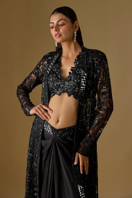 Buy_Asaga_Black Tulle, Satin Sequins, Embroidery Open Nerida Abstract Jacket Skirt Set _Online_at_Aza_Fashions