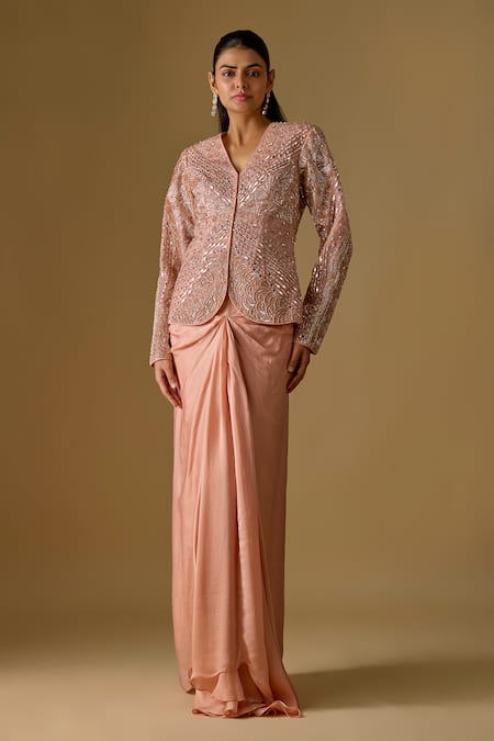Asaga Coraqua Abstract Embroidered Jacket & Draped Skirt Set 