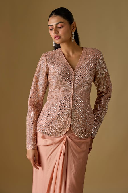 Buy Asaga Rose Gold Tulle, Satin Coraqua Abstract Embroidered Jacket And Draped Skirt Set Online at Aza Fashions Buy_Asaga_Rose Gold Tulle, Satin Coraqua Abstract Embroidered Jacket And Draped Skirt Set _Online_at_Aza_Fashions