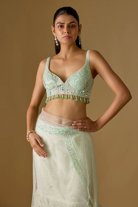 Buy Asaga White Satin, Tulle Embroidery, Aquaria Abstract Pre-draped Saree With Blouse Online at Aza Fashions Buy_Asaga_White Satin, Tulle Embroidery, Aquaria Abstract Pre-draped Saree With Blouse _Online_at_Aza_Fashions