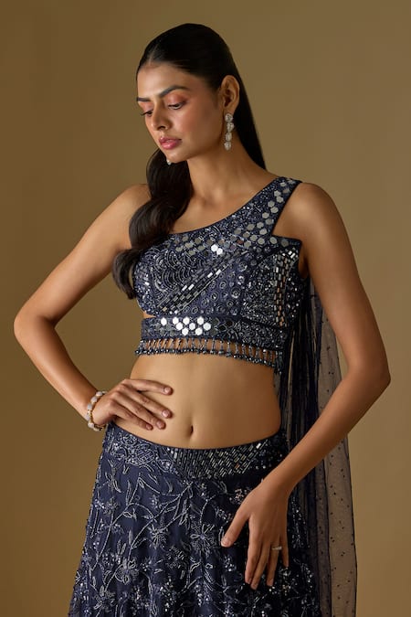 Asaga Navy Tulle, Satin Embroidery, Sequins, Tidea Abstract Hand Lehenga With Blouse Online at Aza Fashions Asaga_Navy Tulle, Satin Embroidery, Sequins, Tidea Abstract Hand Lehenga With Blouse _Online_at_Aza_Fashions