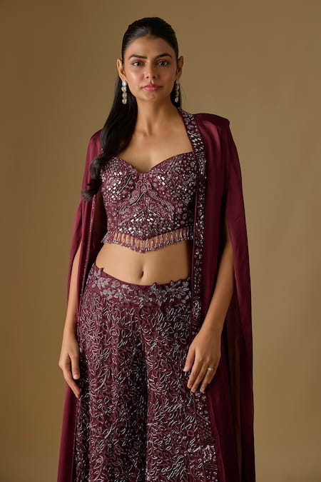 Asaga Wine Satin, Tulle Embroidery, Sequins, Beads Navara Abstract Corset Sharara Set Online at Aza Fashions Asaga_Wine Satin, Tulle Embroidery, Sequins, Beads Navara Abstract Corset Sharara Set _Online_at_Aza_Fashions
