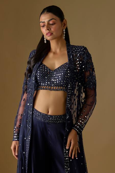 Buy Asaga Navy Tulle, Satin Mirrors, Embroidery, Beads Open Brook Work Jacket Sharara Set Online at Aza Fashions Buy_Asaga_Navy Tulle, Satin Mirrors, Embroidery, Beads Open Brook Work Jacket Sharara Set _Online_at_Aza_Fashions