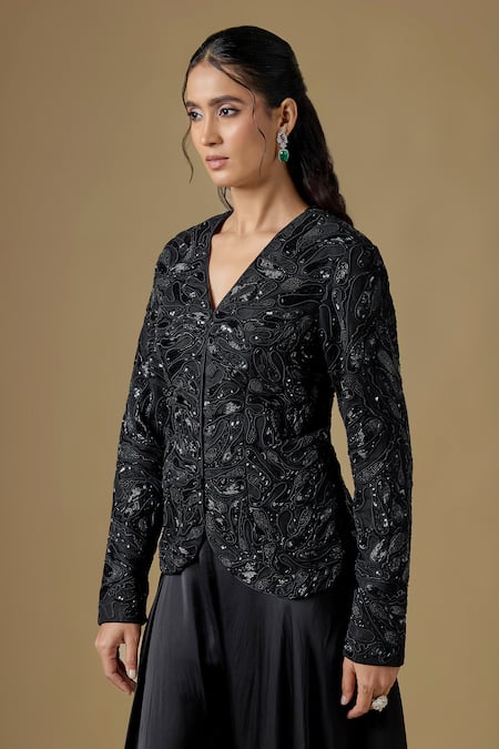 Asaga Black Satin, Tulle, Organza Rillette Abstract Hand Jacket And Sharara Set Online at Aza Fashions Asaga_Black Satin, Tulle, Organza Rillette Abstract Hand Jacket And Sharara Set _Online_at_Aza_Fashions