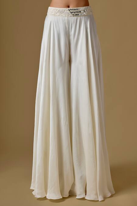 Asaga Ivory Satin, Tulle Beads, Sequins Seanna Abstract Embroidered Cape Sharara Set Online at Aza Fashions Asaga_Ivory Satin, Tulle Beads, Sequins Seanna Abstract Embroidered Cape Sharara Set _Online_at_Aza_Fashions