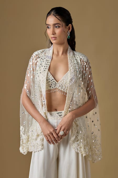 Buy Asaga Ivory Satin, Tulle Beads, Sequins Seanna Abstract Embroidered Cape Sharara Set Online at Aza Fashions Buy_Asaga_Ivory Satin, Tulle Beads, Sequins Seanna Abstract Embroidered Cape Sharara Set _Online_at_Aza_Fashions