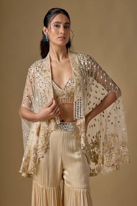 Asaga Beige Satin, Tulle Embroidery, Sequins, Tassels Currenta Hand Cape Sharara Set Online at Aza Fashions Asaga_Beige Satin, Tulle Embroidery, Sequins, Tassels Currenta Hand Cape Sharara Set _Online_at_Aza_Fashions