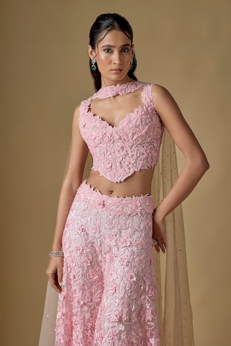 Asaga Pink Tulle Embroidery, Sequins Laken Abstract Hand Blouse Sharara Set Online at Aza Fashions Asaga_Pink Tulle Embroidery, Sequins Laken Abstract Hand Blouse Sharara Set _Online_at_Aza_Fashions