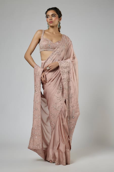 Masumi Mewawalla_Pink Bemberg, Georgette, Satin, Tussar, Silk Resham And Aari Pre-draped Saree Set _Online_at_Aza_Fashions