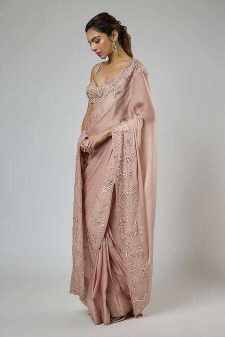 Buy_Masumi Mewawalla_Pink Bemberg, Georgette, Satin, Tussar, Silk Resham And Aari Pre-draped Saree Set _Online_at_Aza_Fashions