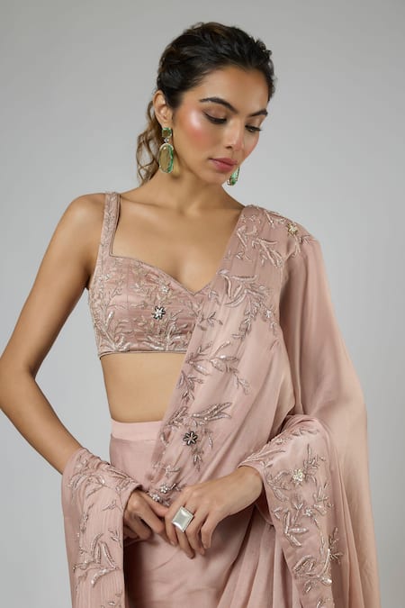 Masumi Mewawalla_Pink Bemberg, Georgette, Satin, Tussar, Silk Resham And Aari Pre-draped Saree Set _at_Aza_Fashions