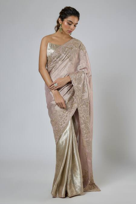 Masumi Mewawalla Silver Jacquard, Tissue, Silk Zari, Zardozi Pre-draped Saree And Blouse Set Online at Aza Fashions Masumi Mewawalla_Silver Jacquard, Tissue, Silk Zari, Zardozi Pre-draped Saree And Blouse Set _Online_at_Aza_Fashions