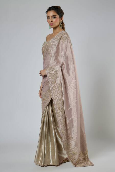 Buy Masumi Mewawalla Silver Jacquard, Tissue, Silk Zari, Zardozi Pre-draped Saree And Blouse Set Online at Aza Fashions Buy_Masumi Mewawalla_Silver Jacquard, Tissue, Silk Zari, Zardozi Pre-draped Saree And Blouse Set _Online_at_Aza_Fashions