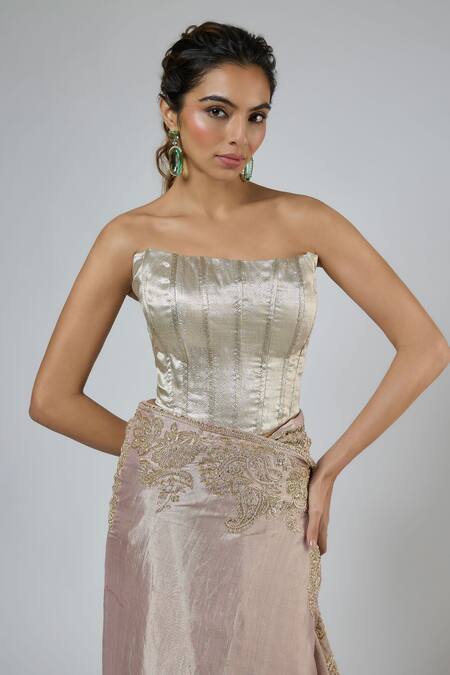 Shop Masumi Mewawalla Silver Jacquard, Tissue, Silk Zari, Zardozi Pre-draped Saree And Blouse Set Online at Aza Fashions Shop_Masumi Mewawalla_Silver Jacquard, Tissue, Silk Zari, Zardozi Pre-draped Saree And Blouse Set _Online_at_Aza_Fashions