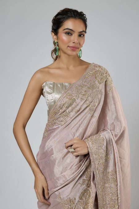 Masumi Mewawalla Silver Jacquard, Tissue, Silk Zari, Zardozi Pre-draped Saree And Blouse Set at Aza Fashions Masumi Mewawalla_Silver Jacquard, Tissue, Silk Zari, Zardozi Pre-draped Saree And Blouse Set _at_Aza_Fashions
