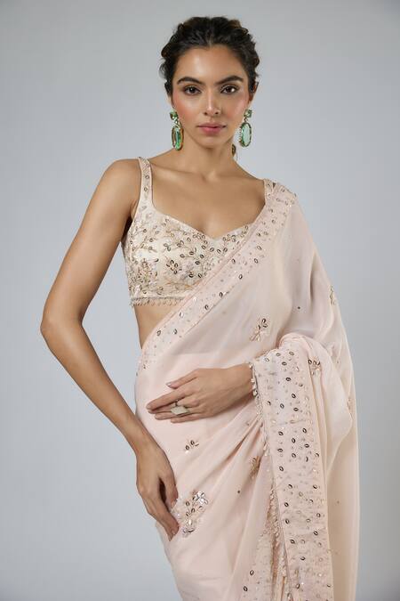 Shop Masumi Mewawalla Peach Crepe, Tussar, Silk Sequins, Beads, Aari Pre-draped Saree And Blouse Set Online at Aza Fashions Shop_Masumi Mewawalla_Peach Crepe, Tussar, Silk Sequins, Beads, Aari Pre-draped Saree And Blouse Set _Online_at_Aza_Fashions