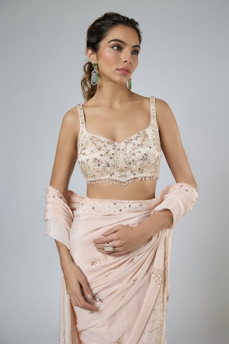 Masumi Mewawalla Peach Crepe, Tussar, Silk Sequins, Beads, Aari Pre-draped Saree And Blouse Set at Aza Fashions Masumi Mewawalla_Peach Crepe, Tussar, Silk Sequins, Beads, Aari Pre-draped Saree And Blouse Set _at_Aza_Fashions