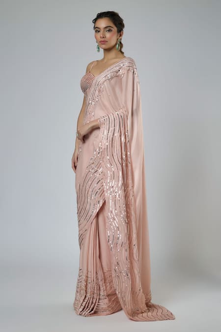 Masumi Mewawalla Peach Bemberg, Georgette, Satin, Wavy Pattern Pre-draped Saree With Blouse Online at Aza Fashions Masumi Mewawalla_Peach Bemberg, Georgette, Satin, Wavy Pattern Pre-draped Saree With Blouse _Online_at_Aza_Fashions