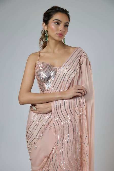 Buy Masumi Mewawalla Peach Bemberg, Georgette, Satin, Wavy Pattern Pre-draped Saree With Blouse Online at Aza Fashions Buy_Masumi Mewawalla_Peach Bemberg, Georgette, Satin, Wavy Pattern Pre-draped Saree With Blouse _Online_at_Aza_Fashions