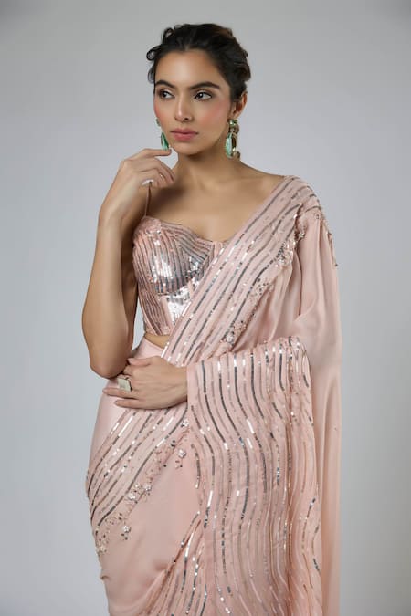 Shop Masumi Mewawalla Peach Bemberg, Georgette, Satin, Wavy Pattern Pre-draped Saree With Blouse Online at Aza Fashions Shop_Masumi Mewawalla_Peach Bemberg, Georgette, Satin, Wavy Pattern Pre-draped Saree With Blouse _Online_at_Aza_Fashions