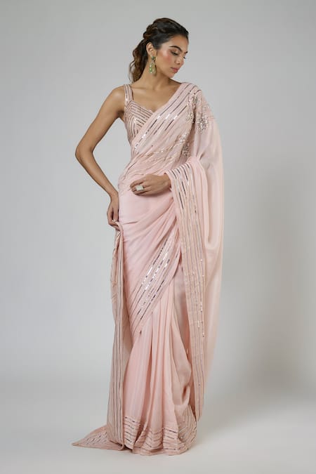 Buy Masumi Mewawalla Peach Crepe, Silk Sequins, Embroidery Resham Pre-draped Saree And Blouse Set Online at Aza Fashions Buy_Masumi Mewawalla_Peach Crepe, Silk Sequins, Embroidery Resham Pre-draped Saree And Blouse Set _Online_at_Aza_Fashions