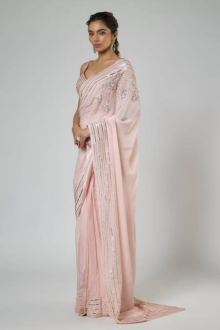 Shop Masumi Mewawalla Peach Crepe, Silk Sequins, Embroidery Resham Pre-draped Saree And Blouse Set Online at Aza Fashions Shop_Masumi Mewawalla_Peach Crepe, Silk Sequins, Embroidery Resham Pre-draped Saree And Blouse Set _Online_at_Aza_Fashions