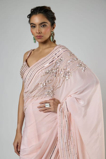 Masumi Mewawalla Peach Crepe, Silk Sequins, Embroidery Resham Pre-draped Saree And Blouse Set at Aza Fashions Masumi Mewawalla_Peach Crepe, Silk Sequins, Embroidery Resham Pre-draped Saree And Blouse Set _at_Aza_Fashions