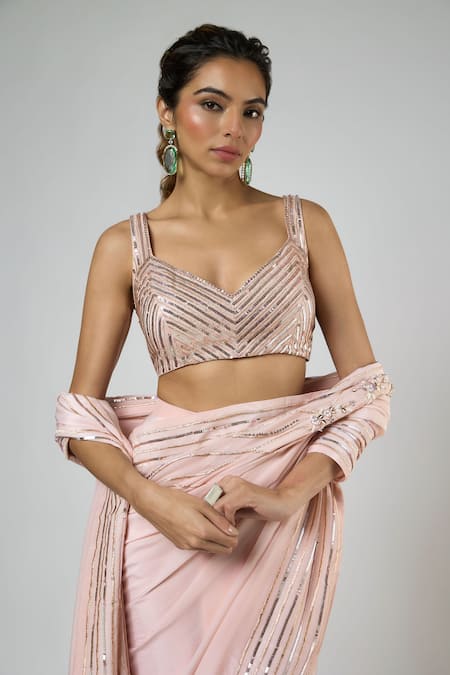 Buy Masumi Mewawalla Peach Crepe, Silk Sequins, Embroidery Resham Pre-draped Saree And Blouse Set Buy_Masumi Mewawalla_Peach Crepe, Silk Sequins, Embroidery Resham Pre-draped Saree And Blouse Set