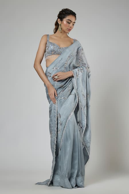 Masumi Mewawalla Blue Silk, Tussar Embroidery, Beads, Sequins Pre-draped Saree And Blouse Set Online at Aza Fashions Masumi Mewawalla_Blue Silk, Tussar Embroidery, Beads, Sequins Pre-draped Saree And Blouse Set _Online_at_Aza_Fashions