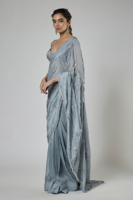 Buy Masumi Mewawalla Blue Silk, Tussar Embroidery, Beads, Sequins Pre-draped Saree And Blouse Set Online at Aza Fashions Buy_Masumi Mewawalla_Blue Silk, Tussar Embroidery, Beads, Sequins Pre-draped Saree And Blouse Set _Online_at_Aza_Fashions
