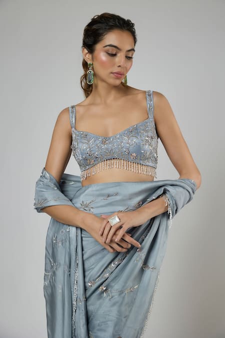 Shop Masumi Mewawalla Blue Silk, Tussar Embroidery, Beads, Sequins Pre-draped Saree And Blouse Set Online at Aza Fashions Shop_Masumi Mewawalla_Blue Silk, Tussar Embroidery, Beads, Sequins Pre-draped Saree And Blouse Set _Online_at_Aza_Fashions