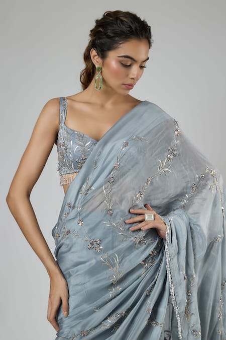 Masumi Mewawalla Blue Silk, Tussar Embroidery, Beads, Sequins Pre-draped Saree And Blouse Set at Aza Fashions Masumi Mewawalla_Blue Silk, Tussar Embroidery, Beads, Sequins Pre-draped Saree And Blouse Set _at_Aza_Fashions