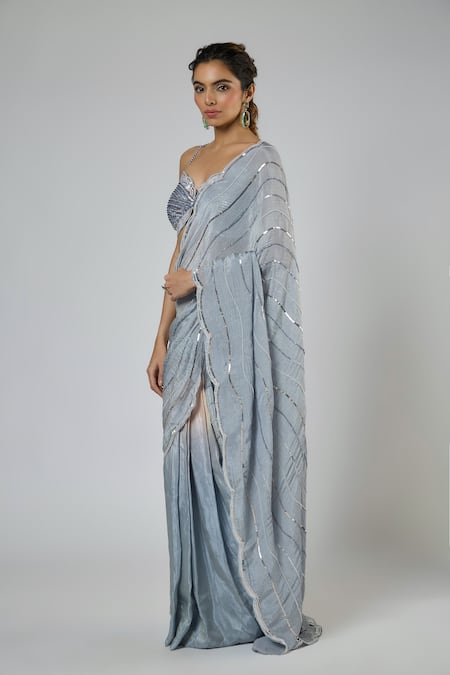 Buy Masumi Mewawalla Blue Tissue, Tussar, Silk Sequins, Aari Pre-draped Saree And Blouse Set Online at Aza Fashions Buy_Masumi Mewawalla_Blue Tissue, Tussar, Silk Sequins, Aari Pre-draped Saree And Blouse Set _Online_at_Aza_Fashions