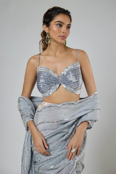 Shop Masumi Mewawalla Blue Tissue, Tussar, Silk Sequins, Aari Pre-draped Saree And Blouse Set Online at Aza Fashions Shop_Masumi Mewawalla_Blue Tissue, Tussar, Silk Sequins, Aari Pre-draped Saree And Blouse Set _Online_at_Aza_Fashions