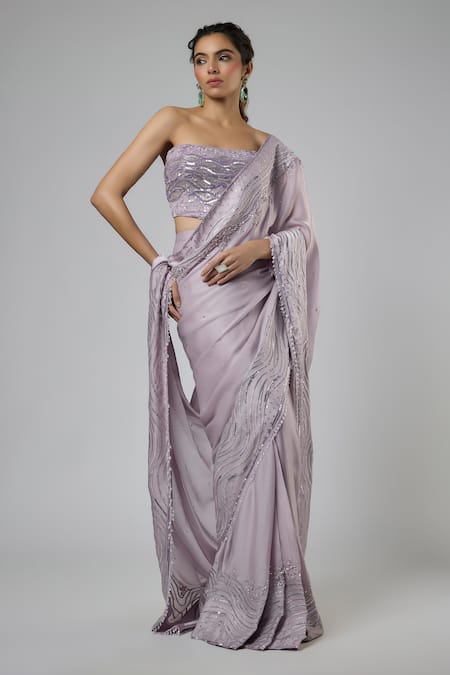 Masumi Mewawalla Lilac Georgette, Satin, Tussar, Silk, Bemberg Pre-draped Saree And Blouse Set Online at Aza Fashions Masumi Mewawalla_Lilac Georgette, Satin, Tussar, Silk, Bemberg Pre-draped Saree And Blouse Set _Online_at_Aza_Fashions