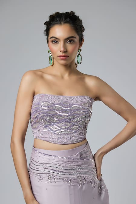 Buy Masumi Mewawalla Lilac Georgette, Satin, Tussar, Silk, Bemberg Pre-draped Saree And Blouse Set Online at Aza Fashions Buy_Masumi Mewawalla_Lilac Georgette, Satin, Tussar, Silk, Bemberg Pre-draped Saree And Blouse Set _Online_at_Aza_Fashions