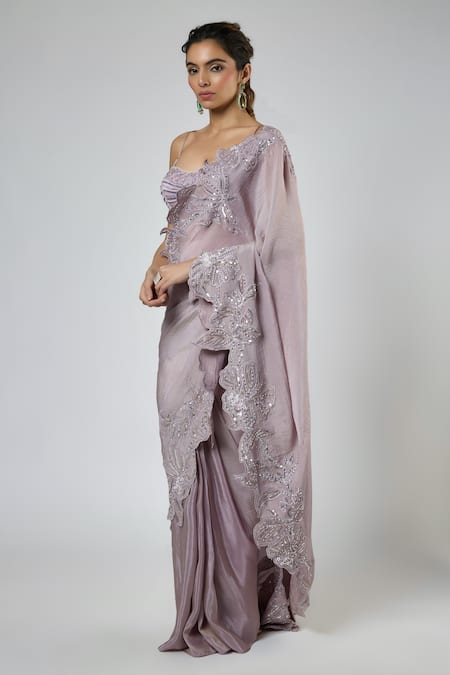 Masumi Mewawalla Lilac Tissue, Tussar, Silk, Crinkle Embroidery, Pre-draped Saree And Blouse Set Online at Aza Fashions Masumi Mewawalla_Lilac Tissue, Tussar, Silk, Crinkle Embroidery, Pre-draped Saree And Blouse Set _Online_at_Aza_Fashions
