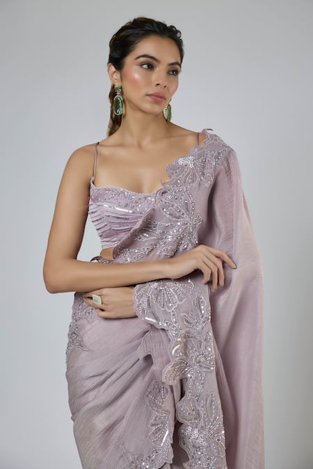 Buy Masumi Mewawalla Lilac Tissue, Tussar, Silk, Crinkle Embroidery, Pre-draped Saree And Blouse Set Online at Aza Fashions Buy_Masumi Mewawalla_Lilac Tissue, Tussar, Silk, Crinkle Embroidery, Pre-draped Saree And Blouse Set _Online_at_Aza_Fashions