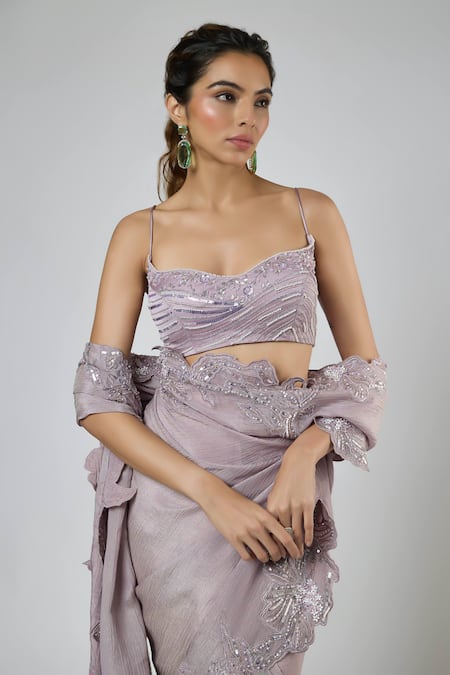 Shop Masumi Mewawalla Lilac Tissue, Tussar, Silk, Crinkle Embroidery, Pre-draped Saree And Blouse Set Online at Aza Fashions Shop_Masumi Mewawalla_Lilac Tissue, Tussar, Silk, Crinkle Embroidery, Pre-draped Saree And Blouse Set _Online_at_Aza_Fashions