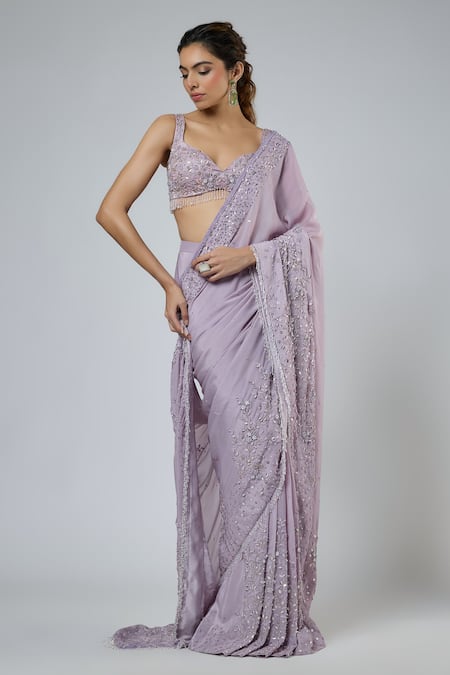 Masumi Mewawalla Lilac Crepe, Tussar, Silk Embroidery, Aari Pre-draped Saree And Blouse Set Online at Aza Fashions Masumi Mewawalla_Lilac Crepe, Tussar, Silk Embroidery, Aari Pre-draped Saree And Blouse Set _Online_at_Aza_Fashions