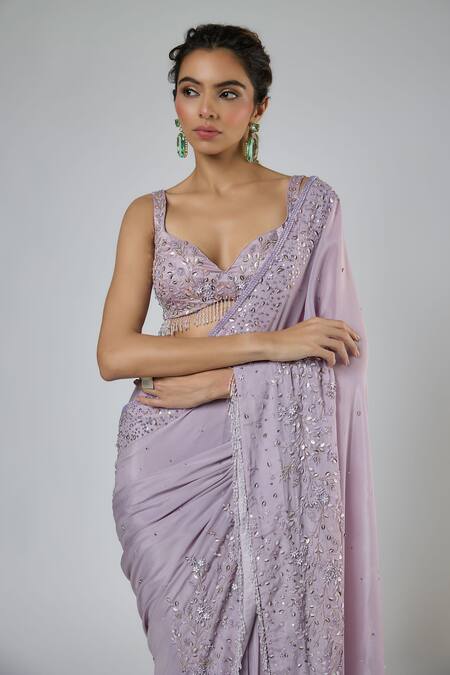 Buy Masumi Mewawalla Lilac Crepe, Tussar, Silk Embroidery, Aari Pre-draped Saree And Blouse Set Online at Aza Fashions Buy_Masumi Mewawalla_Lilac Crepe, Tussar, Silk Embroidery, Aari Pre-draped Saree And Blouse Set _Online_at_Aza_Fashions