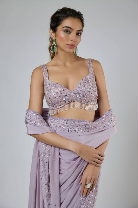 Shop Masumi Mewawalla Lilac Crepe, Tussar, Silk Embroidery, Aari Pre-draped Saree And Blouse Set Online at Aza Fashions Shop_Masumi Mewawalla_Lilac Crepe, Tussar, Silk Embroidery, Aari Pre-draped Saree And Blouse Set _Online_at_Aza_Fashions