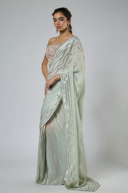Shop Masumi Mewawalla Mint Tissue, Silk Sequins, Embroidery Bandeau Neck Pre-draped Saree And Blouse Set Online at Aza Fashions Shop_Masumi Mewawalla_Mint Tissue, Silk Sequins, Embroidery Bandeau Neck Pre-draped Saree And Blouse Set _Online_at_Aza_Fashions