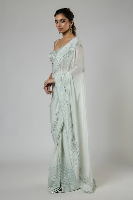 Masumi Mewawalla Mint Crepe, Tussar Sequins, Embroidery Aari Pre-draped Saree And Blouse Set Online at Aza Fashions Masumi Mewawalla_Mint Crepe, Tussar Sequins, Embroidery Aari Pre-draped Saree And Blouse Set _Online_at_Aza_Fashions