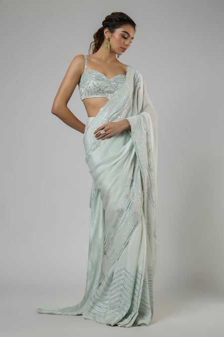 Buy Masumi Mewawalla Mint Crepe, Tussar Sequins, Embroidery Aari Pre-draped Saree And Blouse Set Online at Aza Fashions Buy_Masumi Mewawalla_Mint Crepe, Tussar Sequins, Embroidery Aari Pre-draped Saree And Blouse Set _Online_at_Aza_Fashions