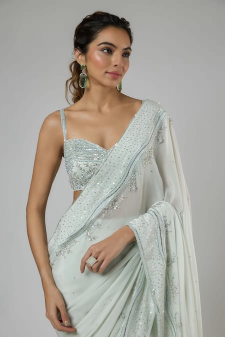Masumi Mewawalla Mint Crepe, Tussar Sequins, Embroidery Aari Pre-draped Saree And Blouse Set at Aza Fashions Masumi Mewawalla_Mint Crepe, Tussar Sequins, Embroidery Aari Pre-draped Saree And Blouse Set _at_Aza_Fashions