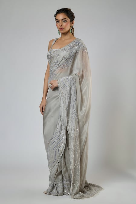 Masumi Mewawalla Gray Silk, Tussar Embroidery, Sequins, Beads Aari Pre-draped Saree And Blouse Set Online at Aza Fashions Masumi Mewawalla_Gray Silk, Tussar Embroidery, Sequins, Beads Aari Pre-draped Saree And Blouse Set _Online_at_Aza_Fashions