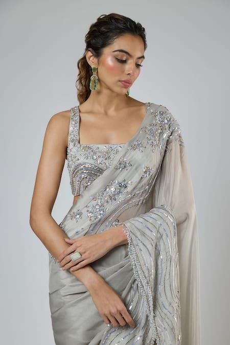 Buy Masumi Mewawalla Gray Silk, Tussar Embroidery, Sequins, Beads Aari Pre-draped Saree And Blouse Set Online at Aza Fashions Buy_Masumi Mewawalla_Gray Silk, Tussar Embroidery, Sequins, Beads Aari Pre-draped Saree And Blouse Set _Online_at_Aza_Fashions