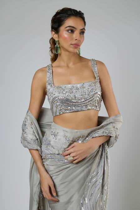 Shop Masumi Mewawalla Gray Silk, Tussar Embroidery, Sequins, Beads Aari Pre-draped Saree And Blouse Set Online at Aza Fashions Shop_Masumi Mewawalla_Gray Silk, Tussar Embroidery, Sequins, Beads Aari Pre-draped Saree And Blouse Set _Online_at_Aza_Fashions