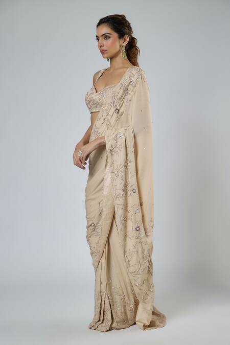 Masumi Mewawalla Beige Georgette, Tussar, Silk Embroidery, Resham And Aari Pre-draped Saree Set Online at Aza Fashions Masumi Mewawalla_Beige Georgette, Tussar, Silk Embroidery, Resham And Aari Pre-draped Saree Set _Online_at_Aza_Fashions